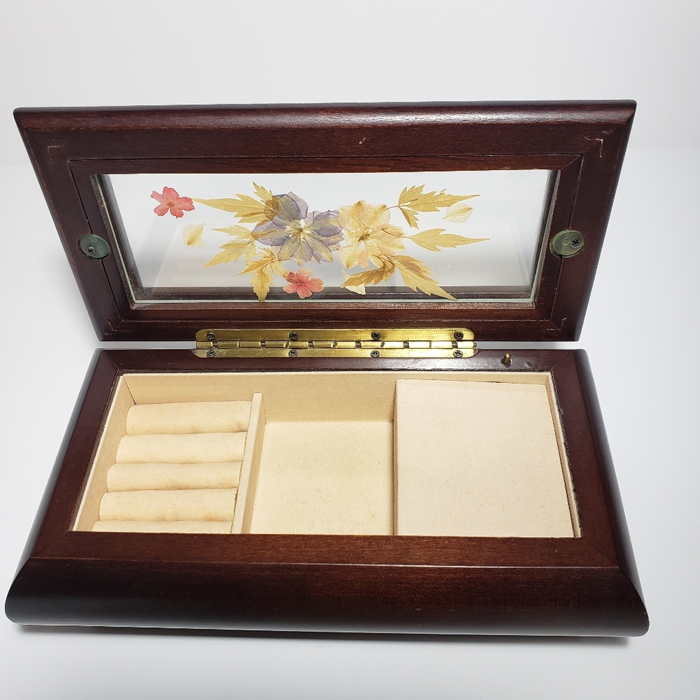 Vintage Wooden Footed Musical Jewelry Box Dried Flowers Glass Lid Tested Works.